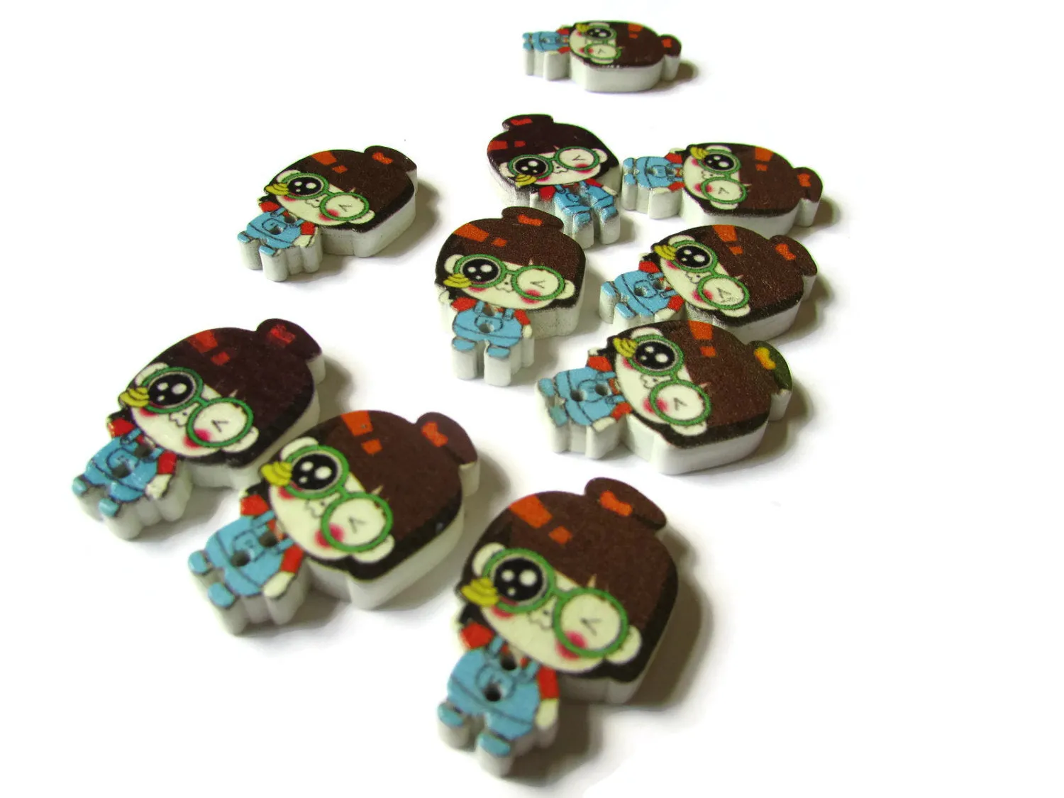 10 29mm Wooden Two Hole Buttons Brown Hair Girl with Blue Overalls