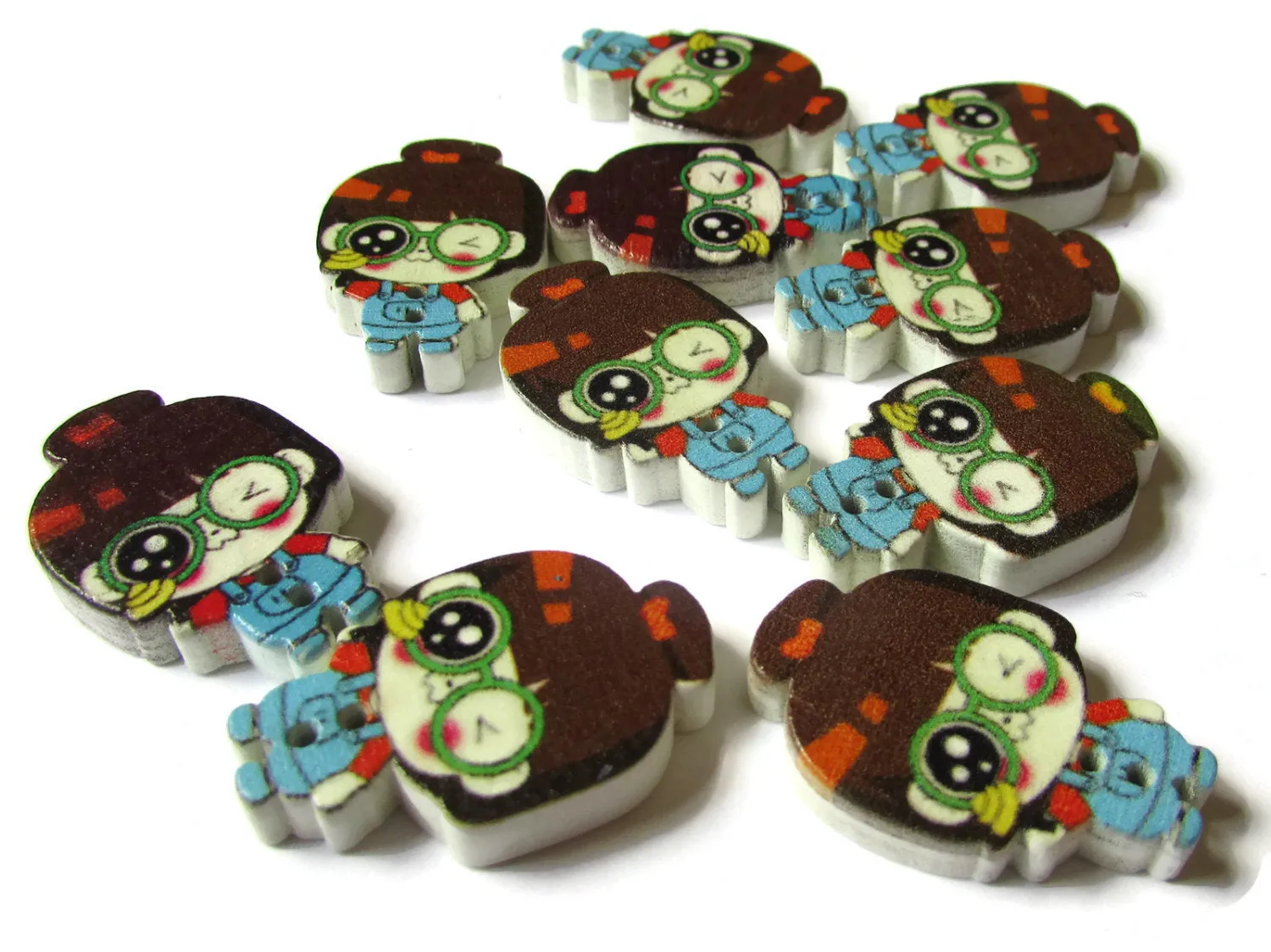 10 29mm Wooden Two Hole Buttons Brown Hair Girl with Blue Overalls