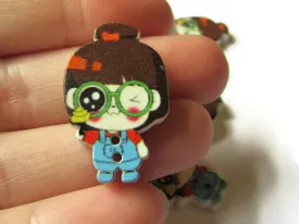10 29mm Wooden Two Hole Buttons Brown Hair Girl with Blue Overalls