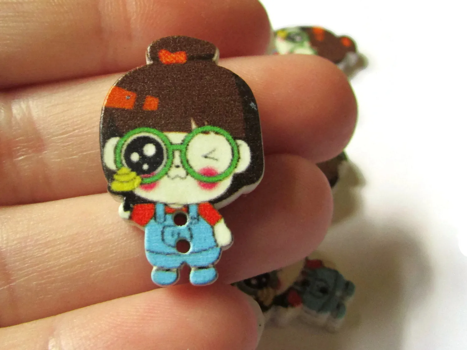10 29mm Wooden Two Hole Buttons Brown Hair Girl with Blue Overalls