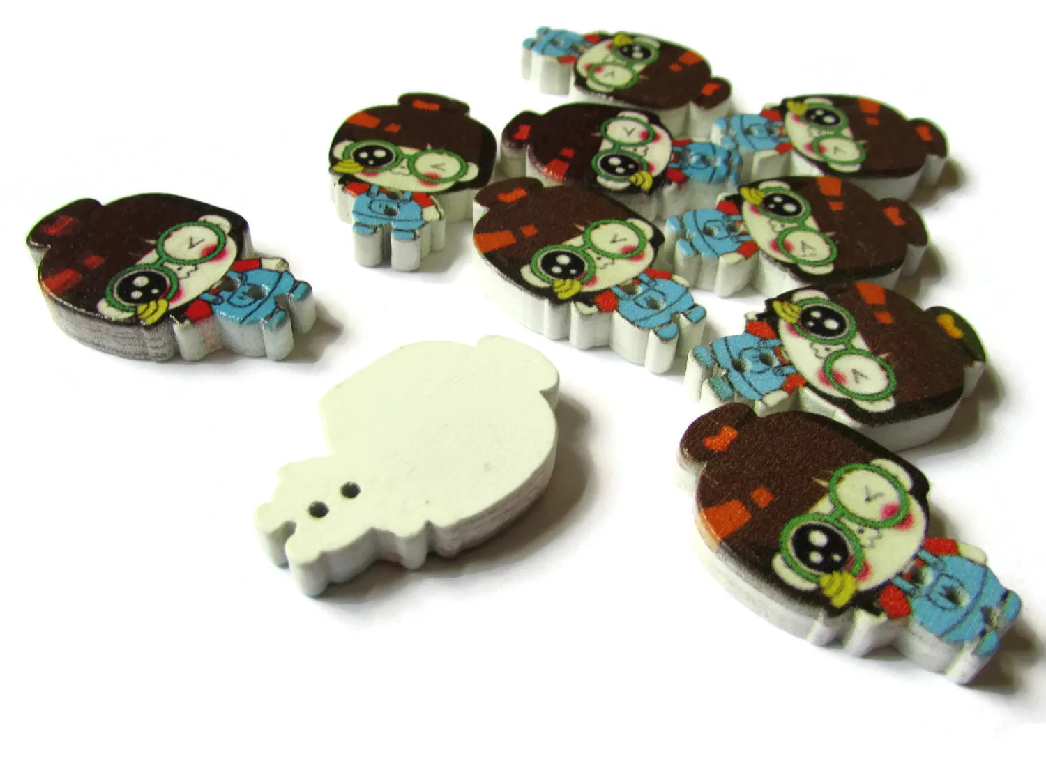 10 29mm Wooden Two Hole Buttons Brown Hair Girl with Blue Overalls