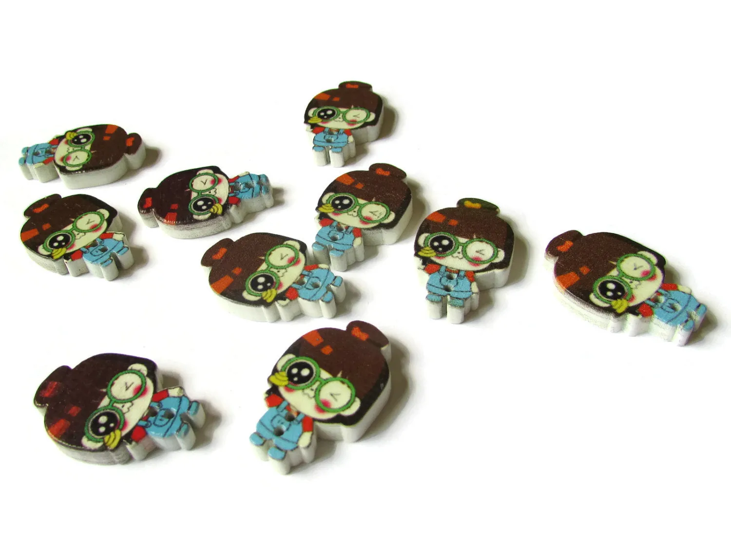 10 29mm Wooden Two Hole Buttons Brown Hair Girl with Blue Overalls