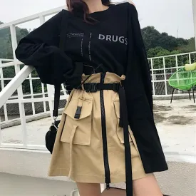 2 PIECE SET BACKLESS LONG SLEEVE T-SHIRT   HIGH WAIST TOOLING SKIRT