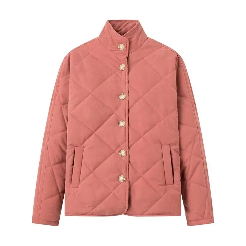 2023 winter new European and American cross-border women's clothing urban leisure rhombus stand-up neck cotton-padded jacket 1730