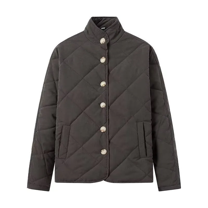 2023 winter new European and American cross-border women's clothing urban leisure rhombus stand-up neck cotton-padded jacket 1730