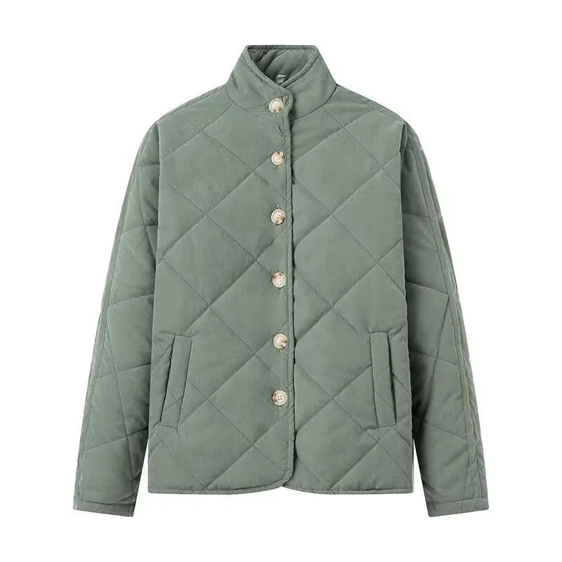 2023 winter new European and American cross-border women's clothing urban leisure rhombus stand-up neck cotton-padded jacket 1730