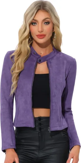 Allegra K Women's Faux Suede Jacket Stand Collar Zip Up Long Sleeve Motorcycle Biker Coat
