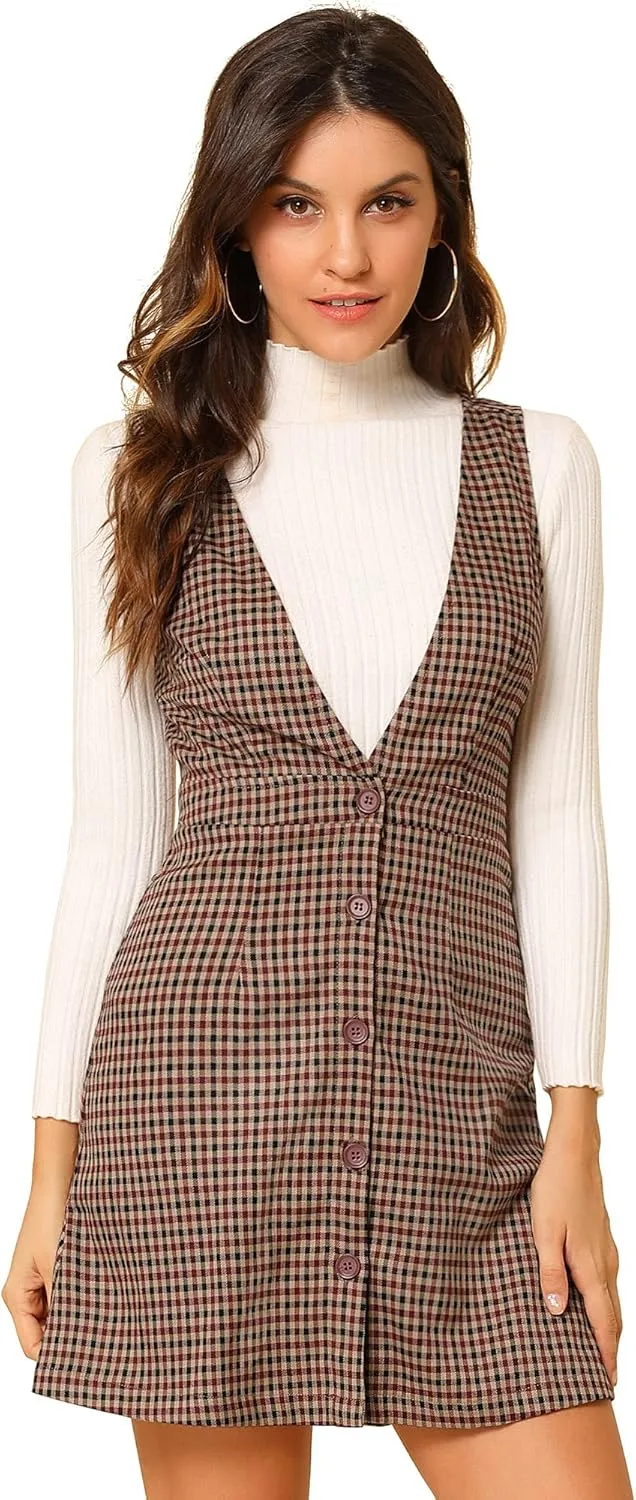 Allegra K Women's Overalls Suspenders Halloween V Neck Plaid Houndstooth Pinafore Dress