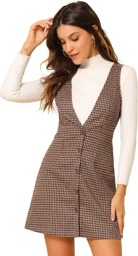 Allegra K Women's Overalls Suspenders Halloween V Neck Plaid Houndstooth Pinafore Dress