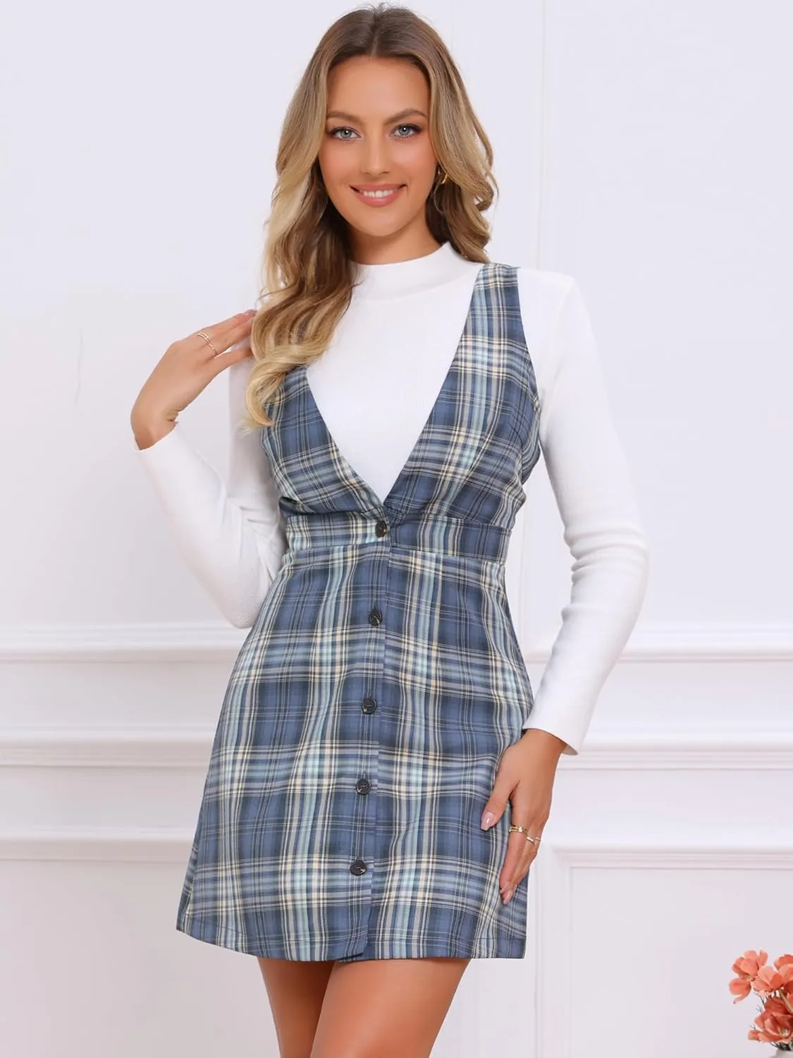 Allegra K Women's Overalls Suspenders Halloween V Neck Plaid Houndstooth Pinafore Dress