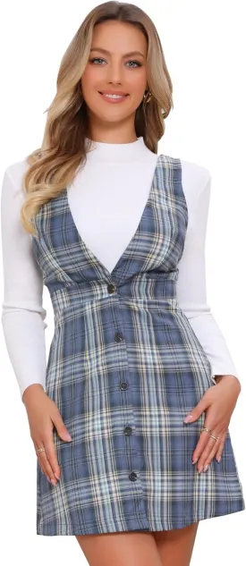 Allegra K Women's Overalls Suspenders Halloween V Neck Plaid Houndstooth Pinafore Dress