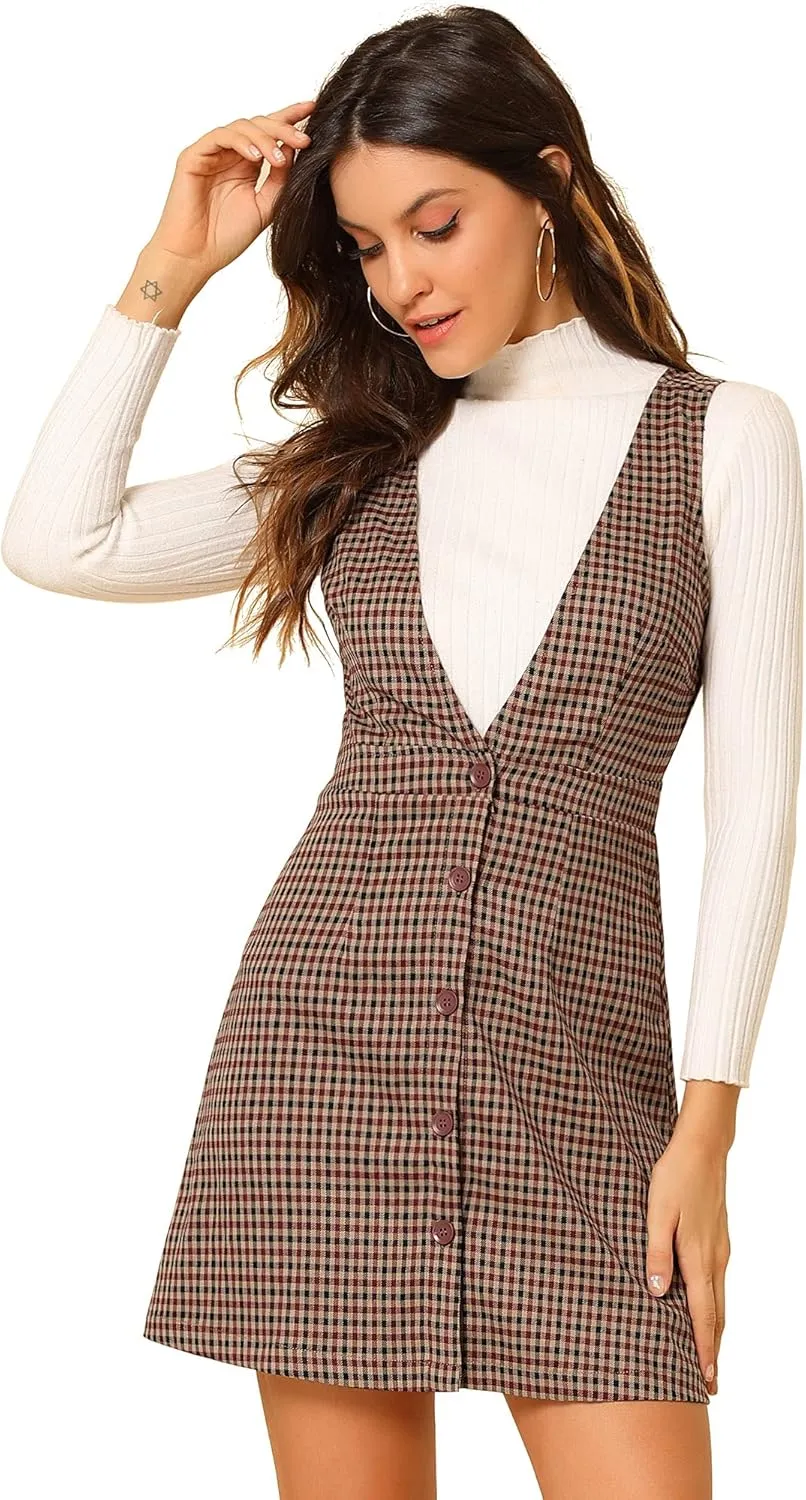 Allegra K Women's Overalls Suspenders Halloween V Neck Plaid Houndstooth Pinafore Dress