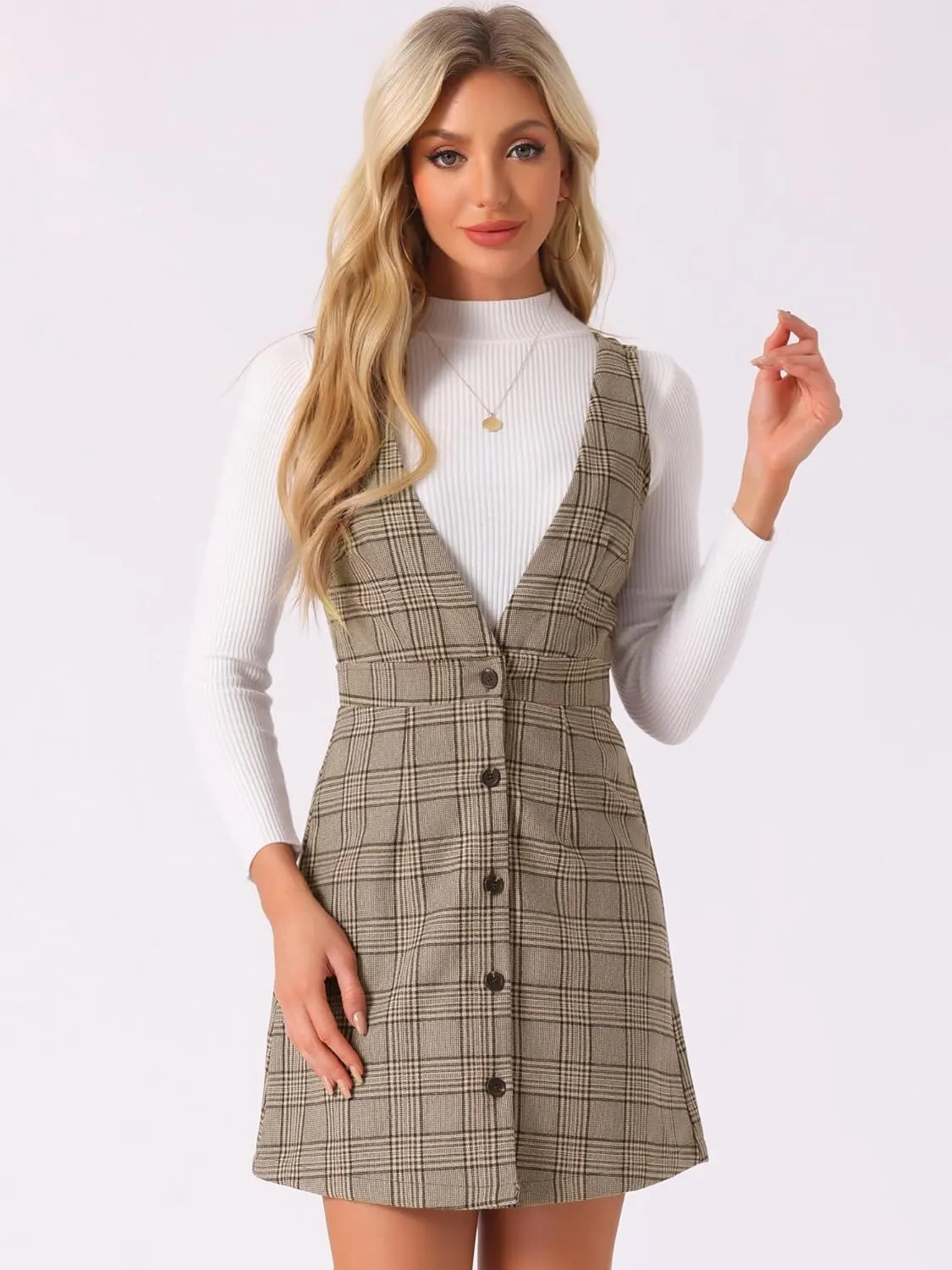 Allegra K Women's Overalls Suspenders Halloween V Neck Plaid Houndstooth Pinafore Dress