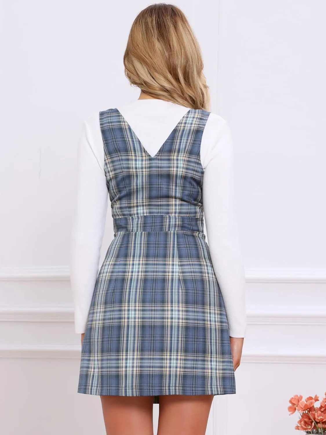 Allegra K Women's Overalls Suspenders Halloween V Neck Plaid Houndstooth Pinafore Dress
