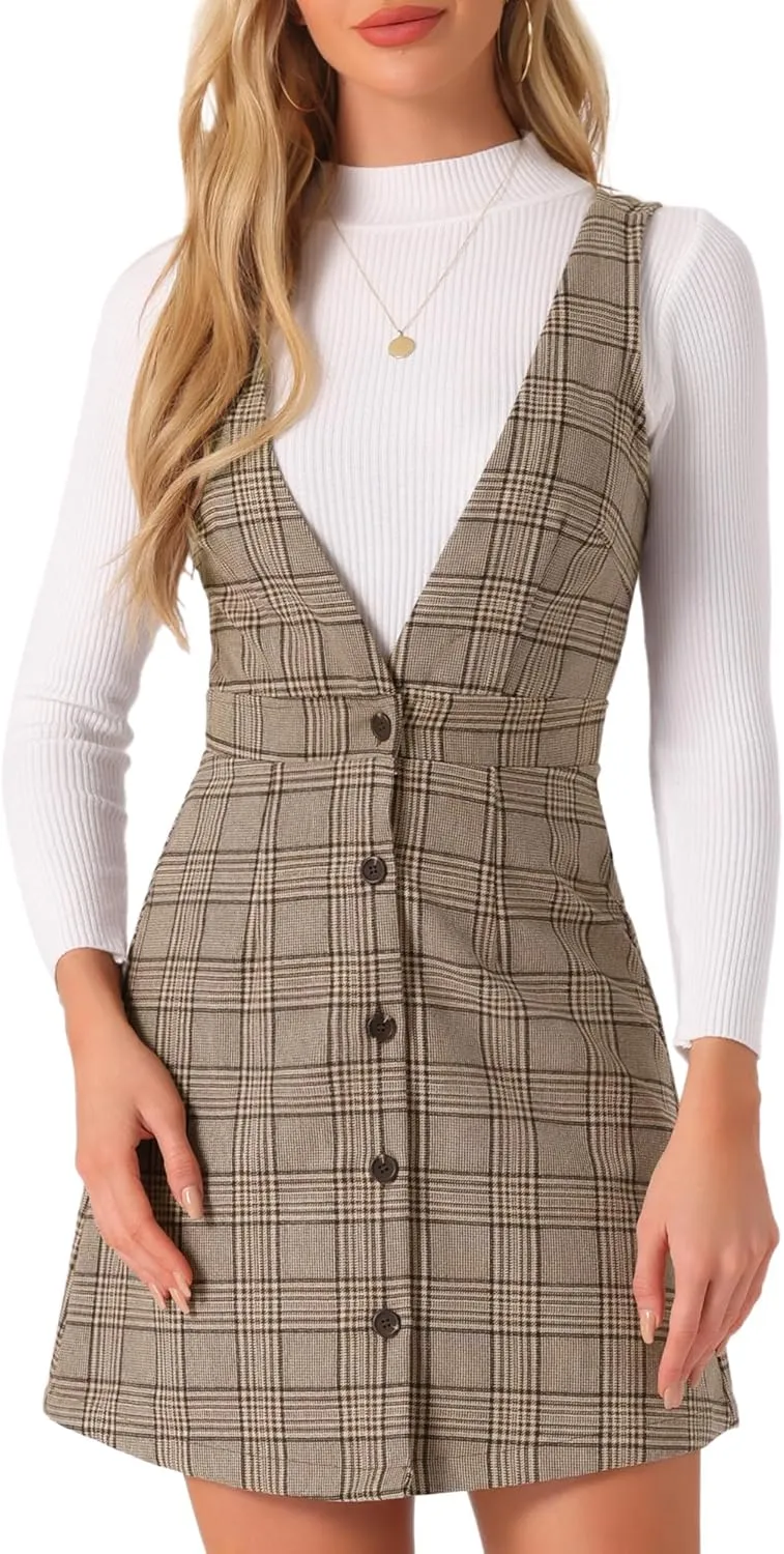 Allegra K Women's Overalls Suspenders Halloween V Neck Plaid Houndstooth Pinafore Dress