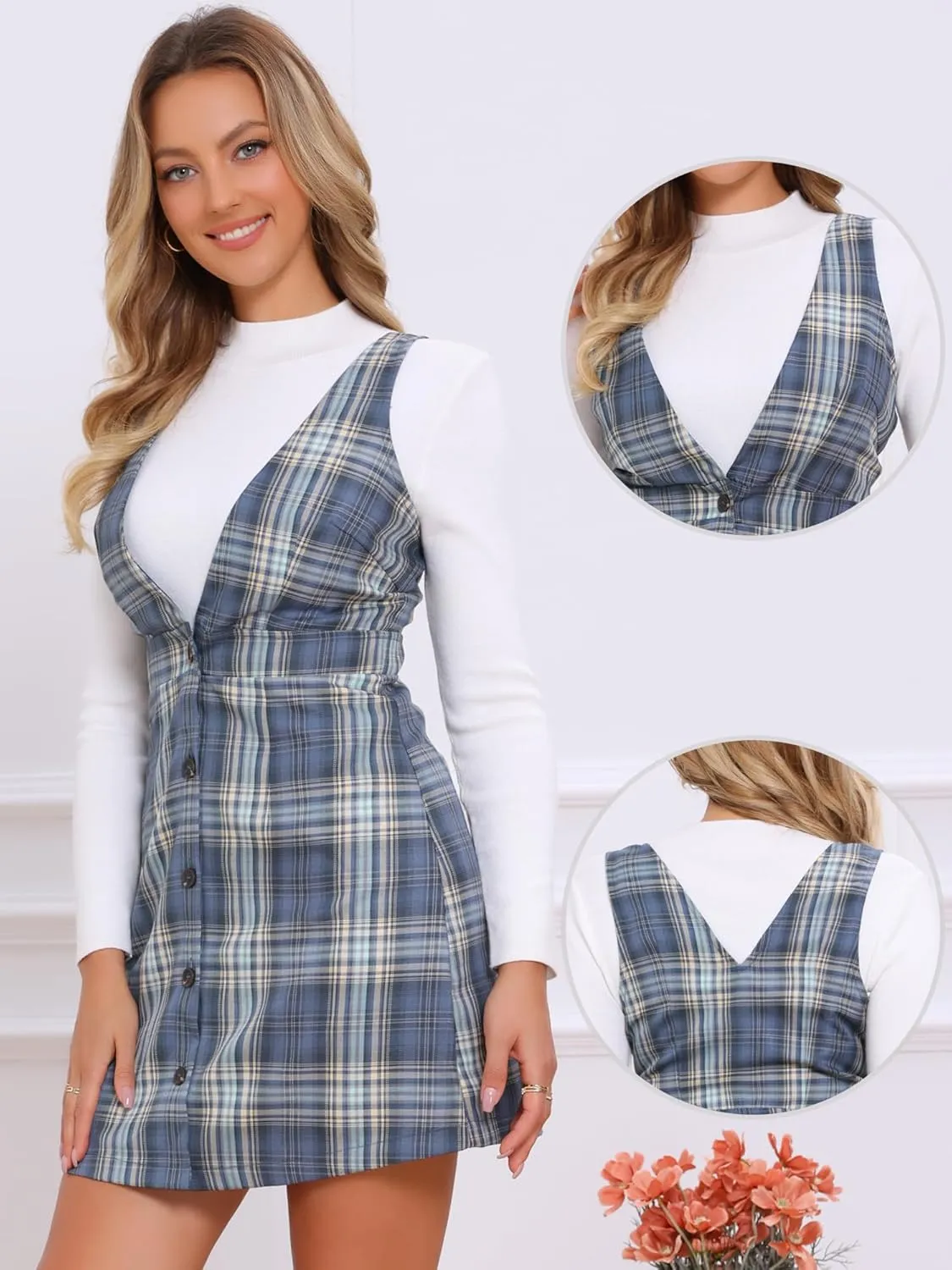 Allegra K Women's Overalls Suspenders Halloween V Neck Plaid Houndstooth Pinafore Dress