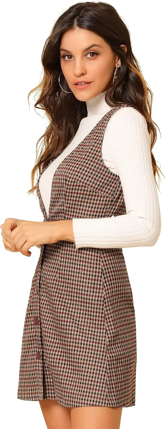 Allegra K Women's Overalls Suspenders Halloween V Neck Plaid Houndstooth Pinafore Dress