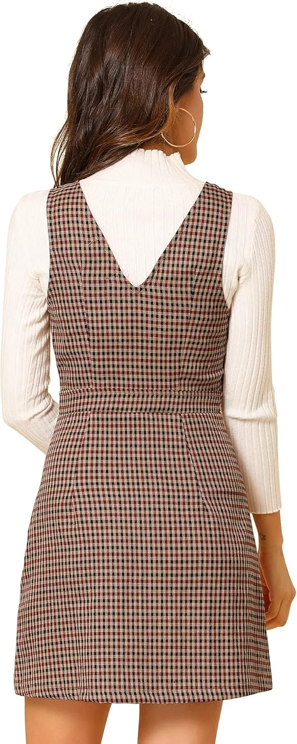 Allegra K Women's Overalls Suspenders Halloween V Neck Plaid Houndstooth Pinafore Dress