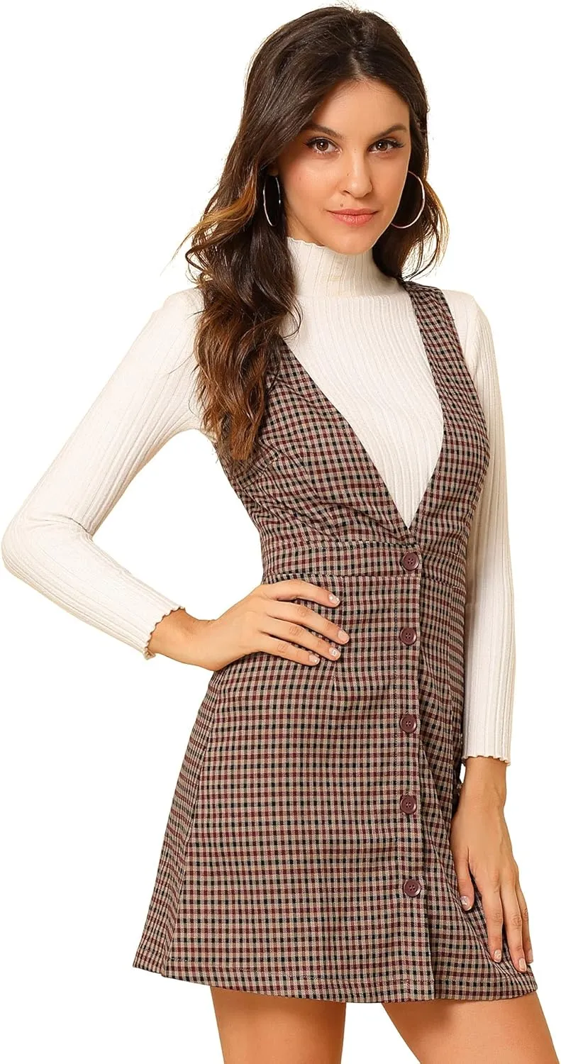 Allegra K Women's Overalls Suspenders Halloween V Neck Plaid Houndstooth Pinafore Dress