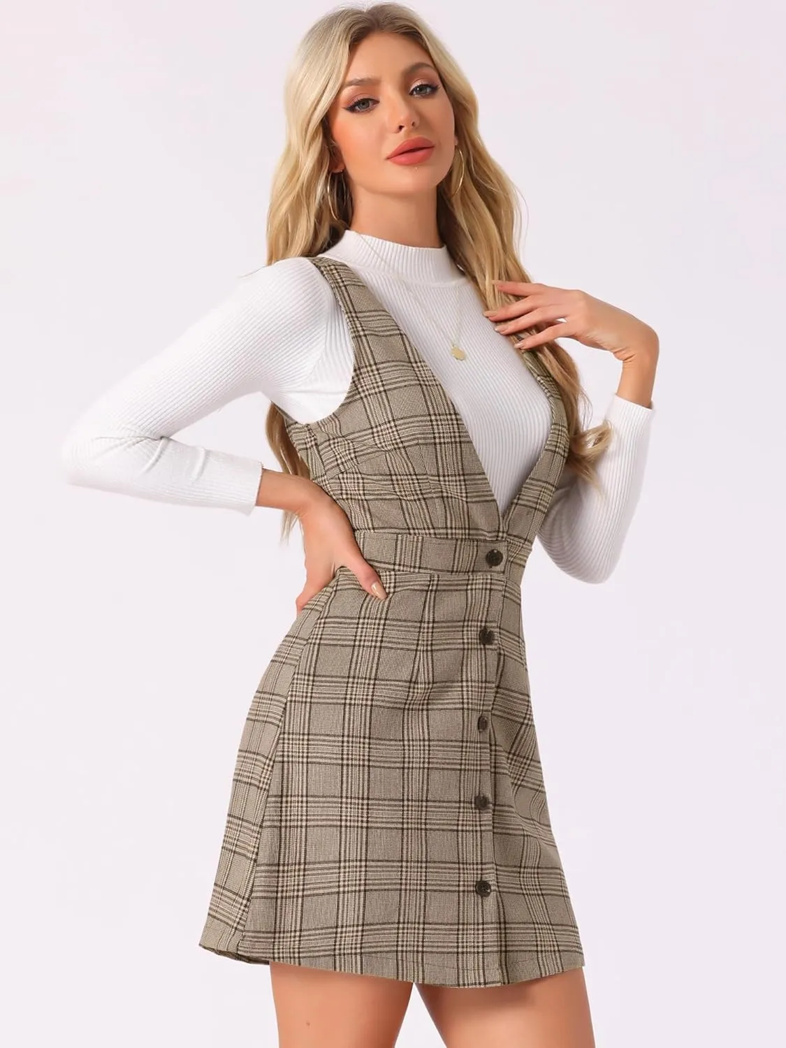 Allegra K Women's Overalls Suspenders Halloween V Neck Plaid Houndstooth Pinafore Dress