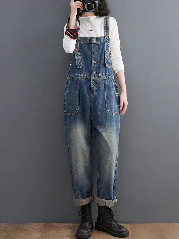 Artistic Retro Loose Solid Color Denim Overalls