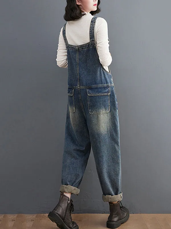 Artistic Retro Loose Solid Color Denim Overalls