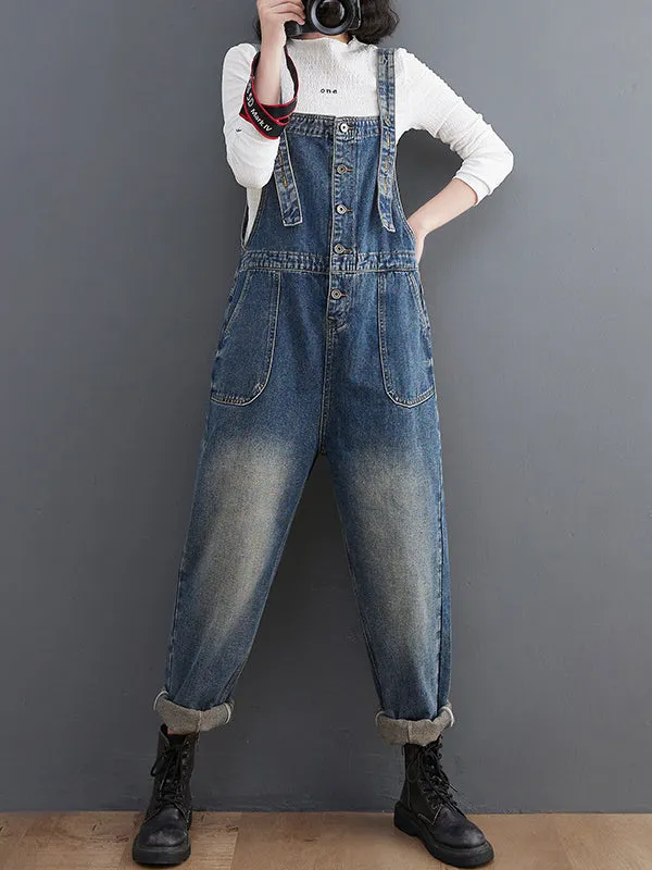 Artistic Retro Loose Solid Color Denim Overalls