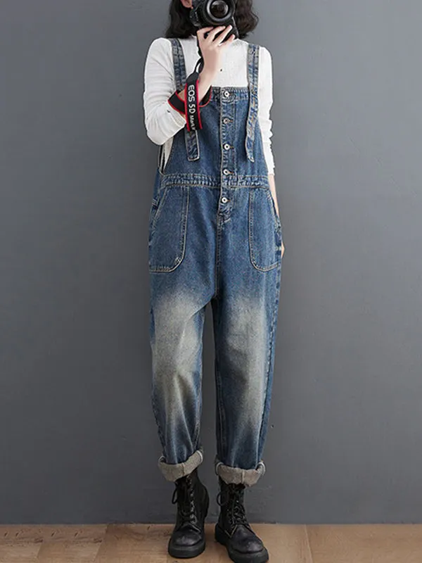 Artistic Retro Loose Solid Color Denim Overalls