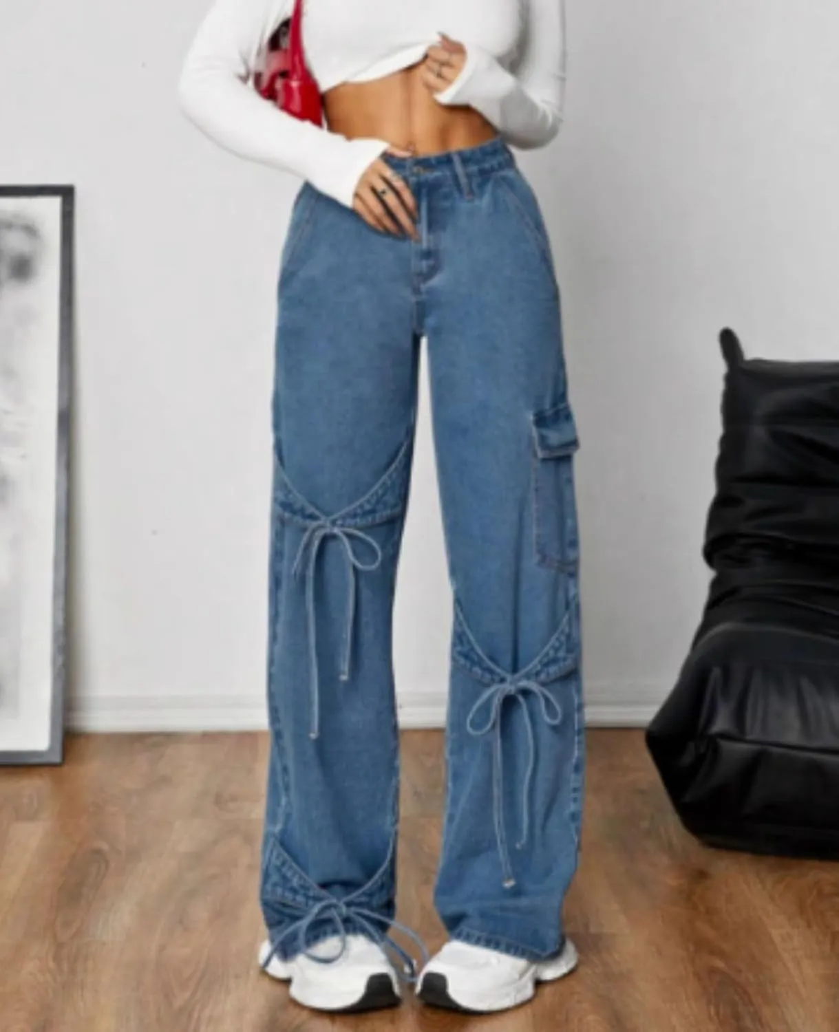 Baggy Jeans for Woman Teen Girls Bow Jeans High Waisted Straight Leg Cute Pants Casual Preppy Clothes