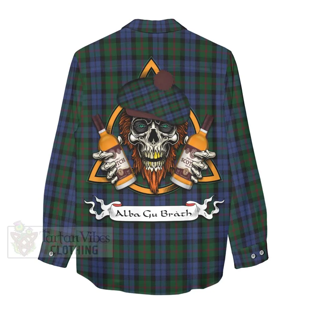 Baird Tartan Women's Casual Shirt with Family Crest and Bearded Skull Holding Bottles of Whiskey