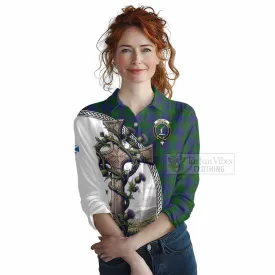 Barclay Tartan Women's Casual Shirt with Family Crest and St. Andrew's Cross Accented by Thistle Vines