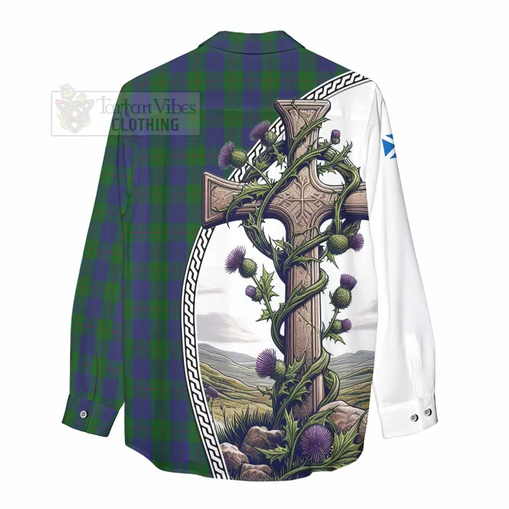 Barclay Tartan Women's Casual Shirt with Family Crest and St. Andrew's Cross Accented by Thistle Vines