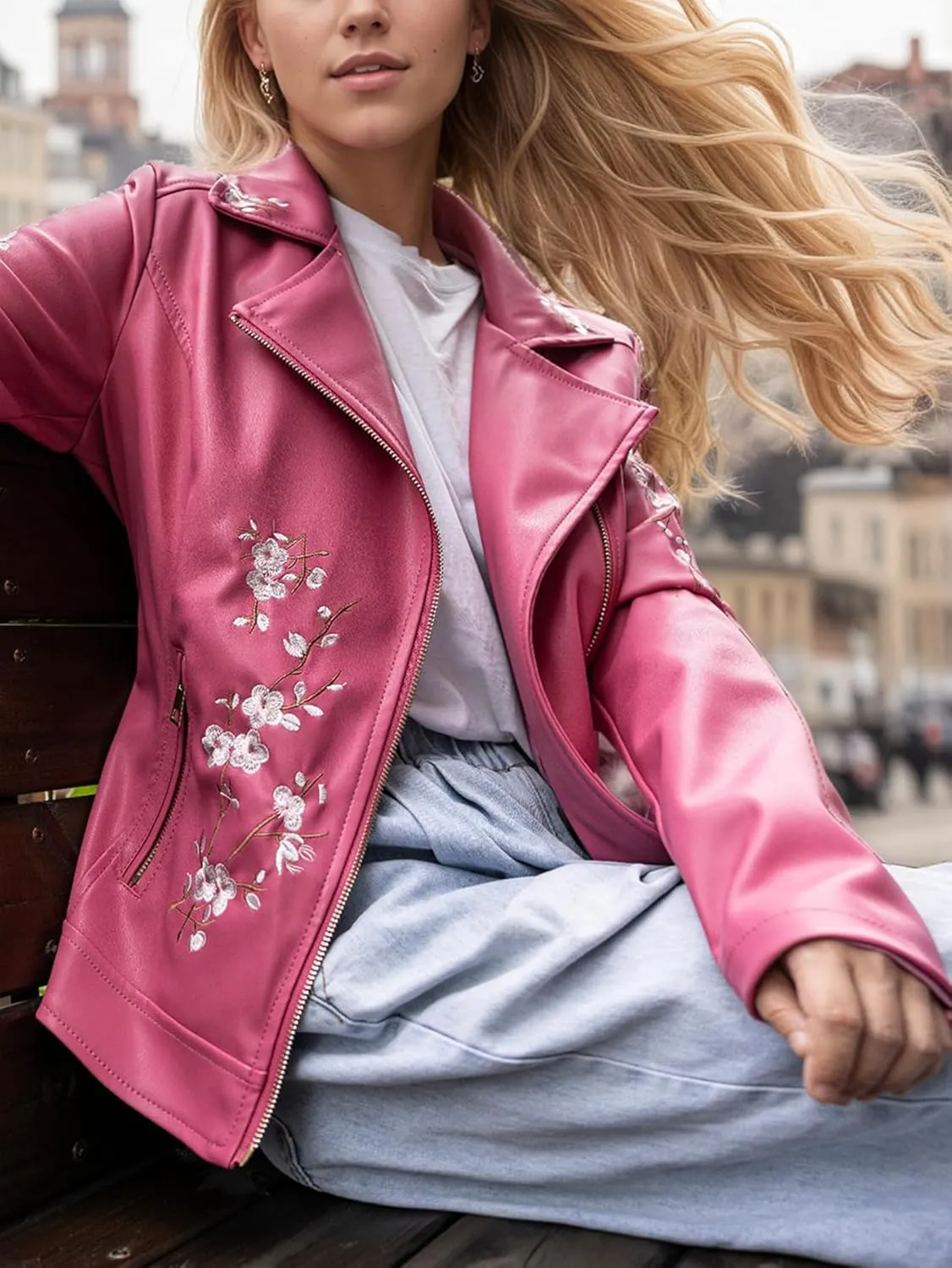 Bellivera Women Faux Leather Jacket Studded Rivet Floral Moto Biker Coat