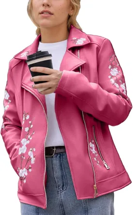 Bellivera Women Faux Leather Jacket Studded Rivet Floral Moto Biker Coat