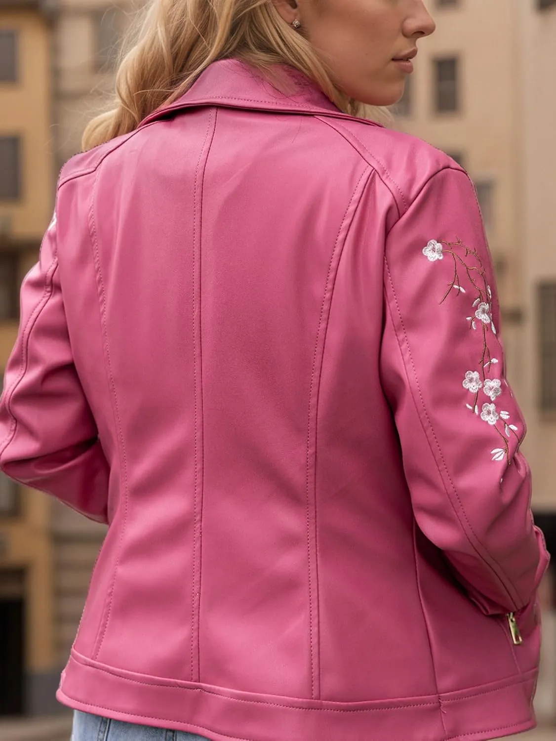 Bellivera Women Faux Leather Jacket Studded Rivet Floral Moto Biker Coat