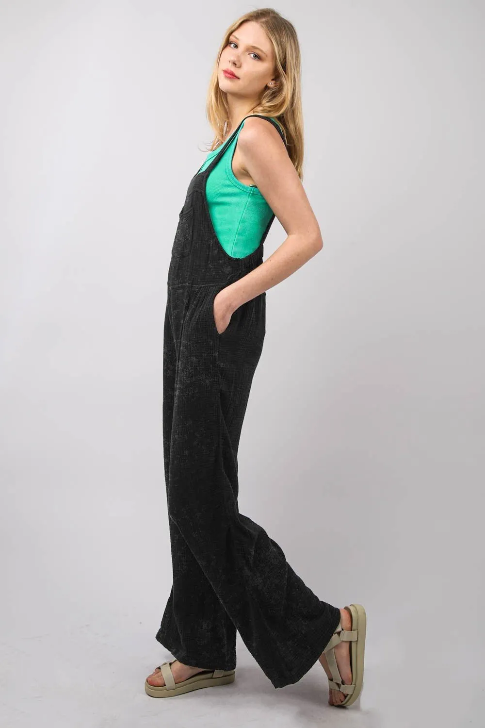 Black Washed Wide Leg Overalls