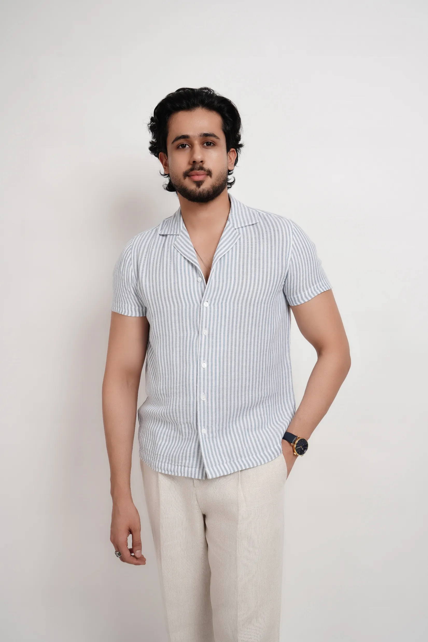 Blue Striped Lapel Shirt