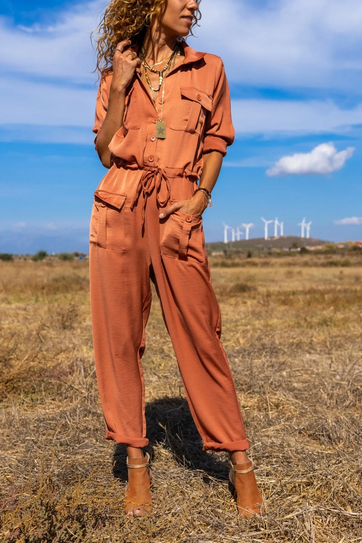 Bohemian Safari Jumpsuit, Pockets Jacket Collar Jumpsuit, Waist Elastic, Casual Jumpsuit, ,Summer Jumpsuit Hippie Jumpsuit Wide Leg Jumpsuit