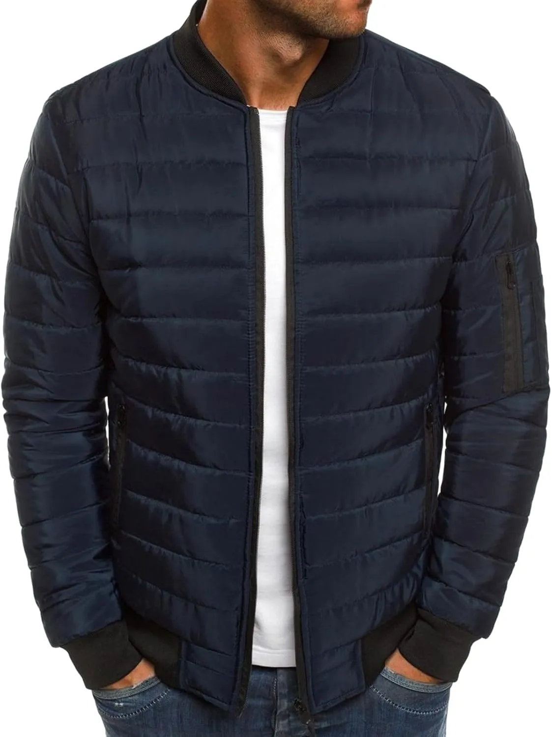 Bomber Jacket Men Diamond Casual Zip Up Quilted Varsity Jackets Winter Warm Lightweight Padded Outwear Flight Coat