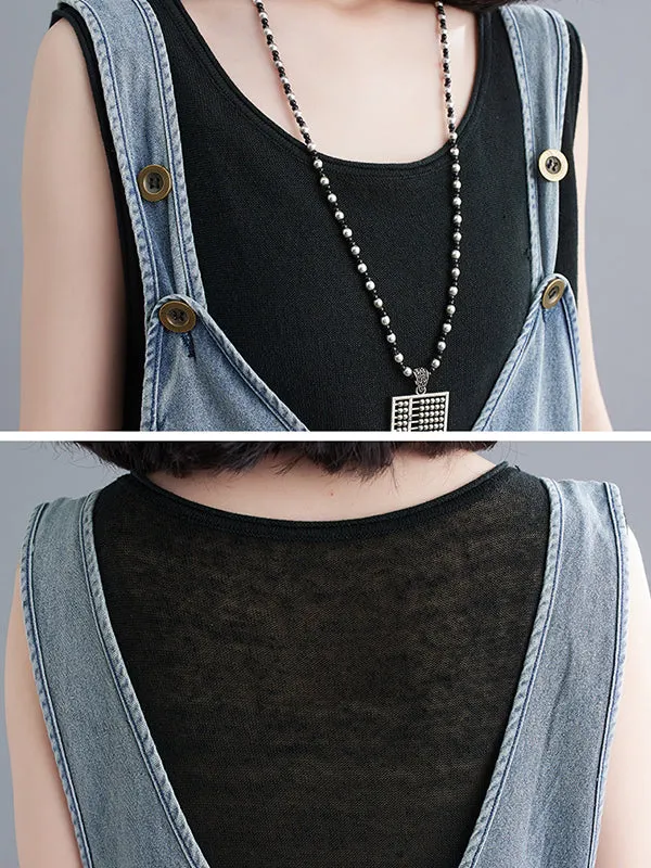 Buttoned Cropped Loose Denim Overalls