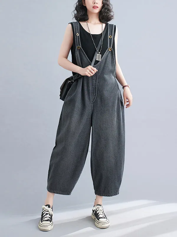 Buttoned Cropped Loose Denim Overalls