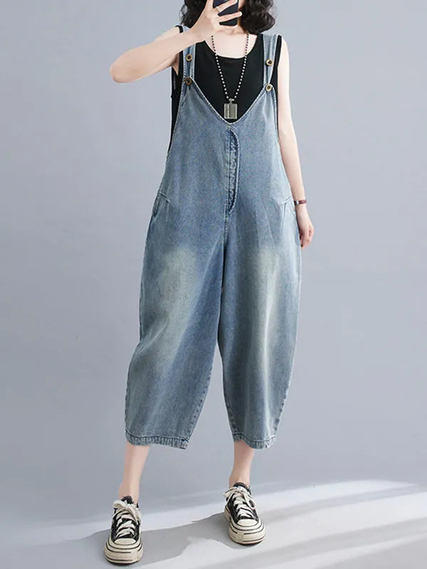 Buttoned Cropped Loose Denim Overalls
