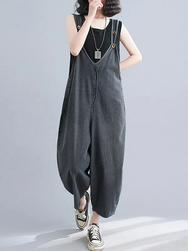 Buttoned Cropped Loose Denim Overalls