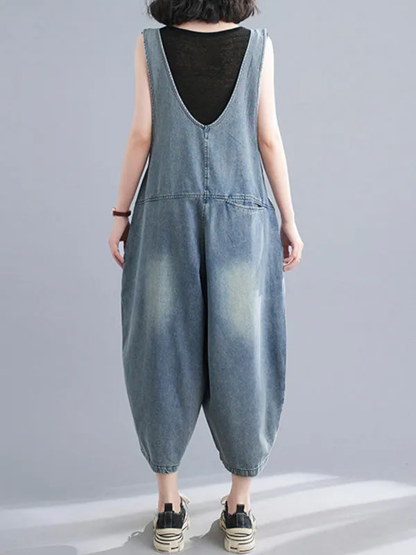 Buttoned Cropped Loose Denim Overalls