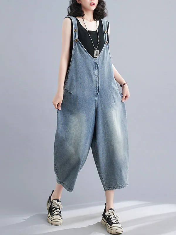 Buttoned Cropped Loose Denim Overalls