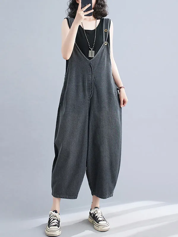Buttoned Cropped Loose Denim Overalls