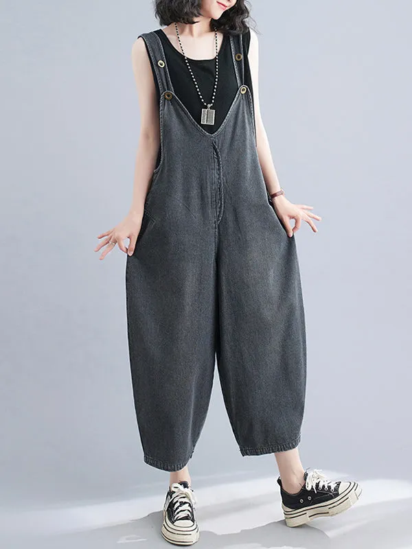 Buttoned Cropped Loose Denim Overalls