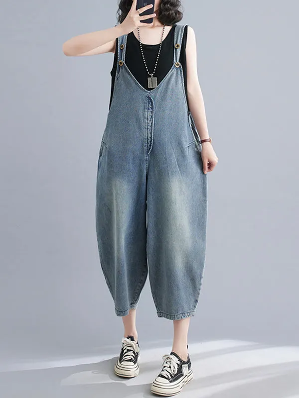 Buttoned Cropped Loose Denim Overalls