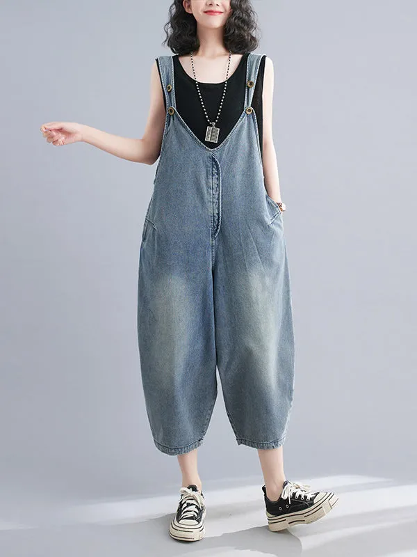 Buttoned Cropped Loose Denim Overalls