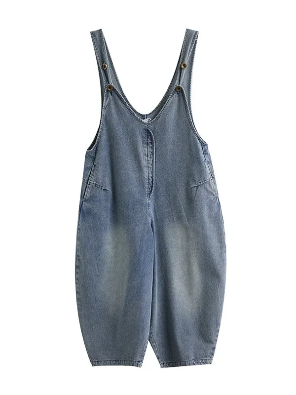 Buttoned Cropped Loose Denim Overalls